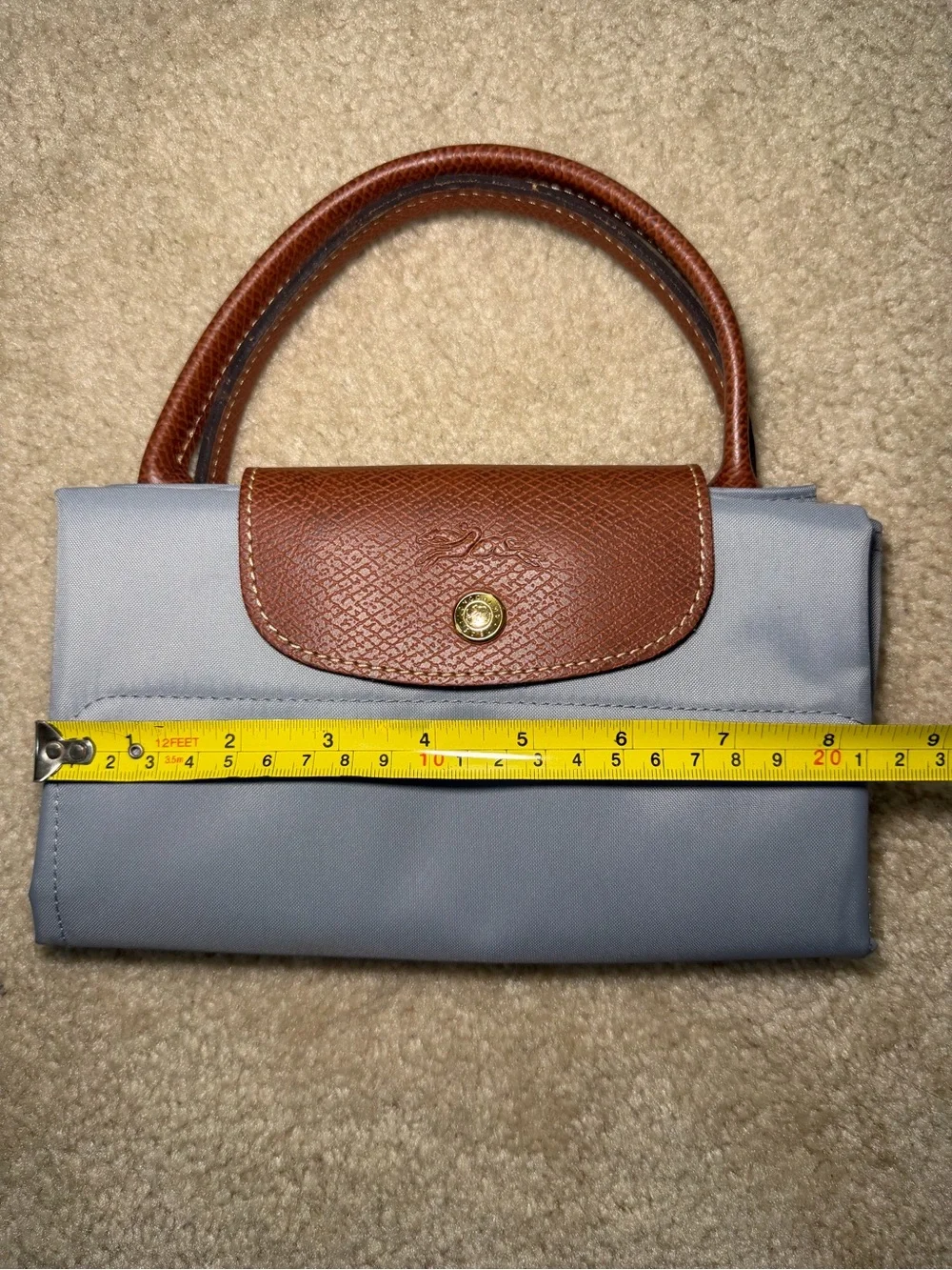 Longchamp Le Pliage Women's Tote Bag in Light Blue with Brown Trim - Picture 9 of 12